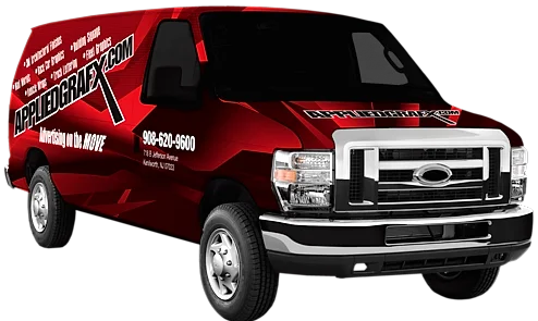Red and black Applied Graphics company van wrapped with the AppliedGrafx.com logo, phone number and Kenilworth NJ address