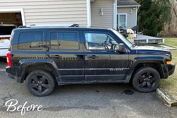 Black Jeep Patriot photographed before a color-change wrap, marked Before