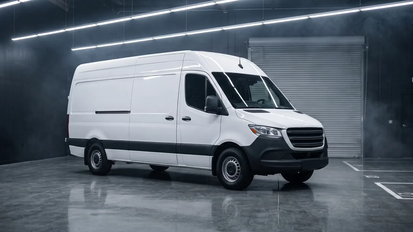 A plain white cargo van waiting in the Applied Graphics install bay in Kenilworth, New Jersey.