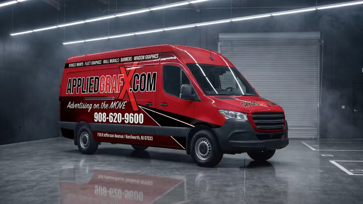 The same van finished in a full red and black Applied Graphics vinyl wrap.
